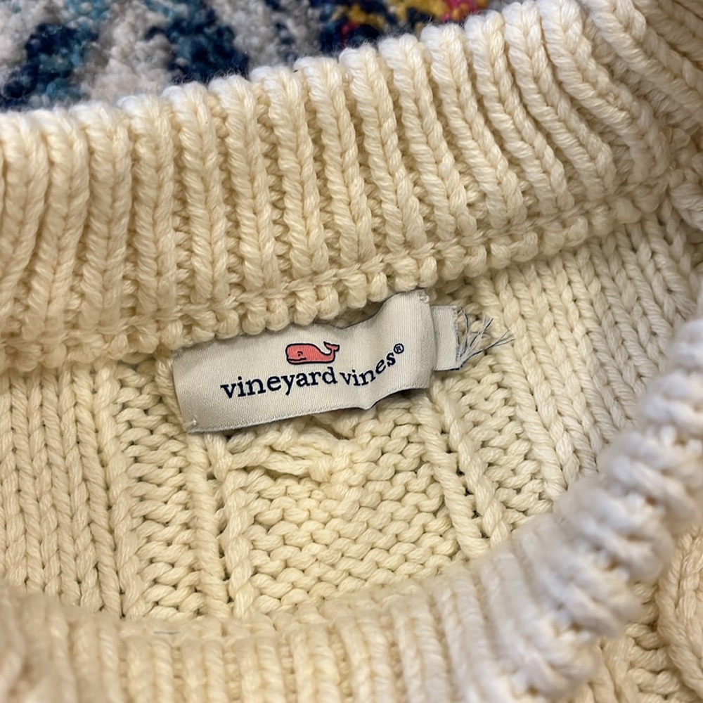 Vineyard Vines navy cream striped crewneck fisherman chunky sweater M - Picture 7 of 11